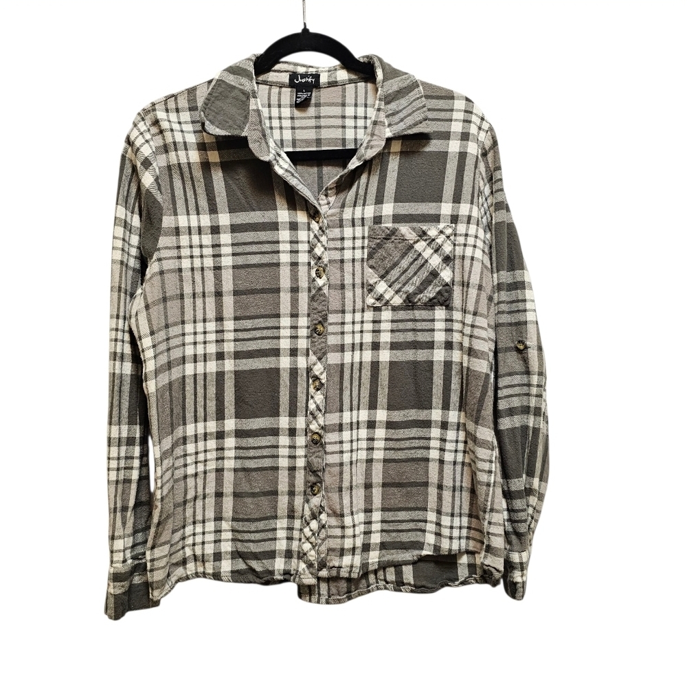 Justify Olive/Gray and White Plaid Button Down Shirt